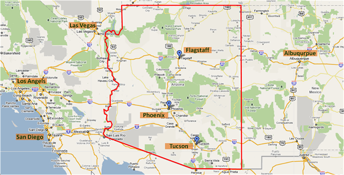 アリゾナ州の広域地図